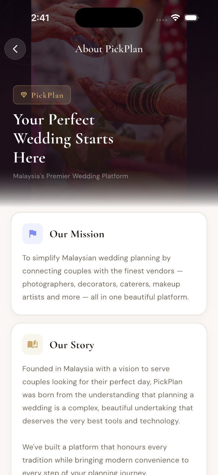 About Pick & Plan app screen