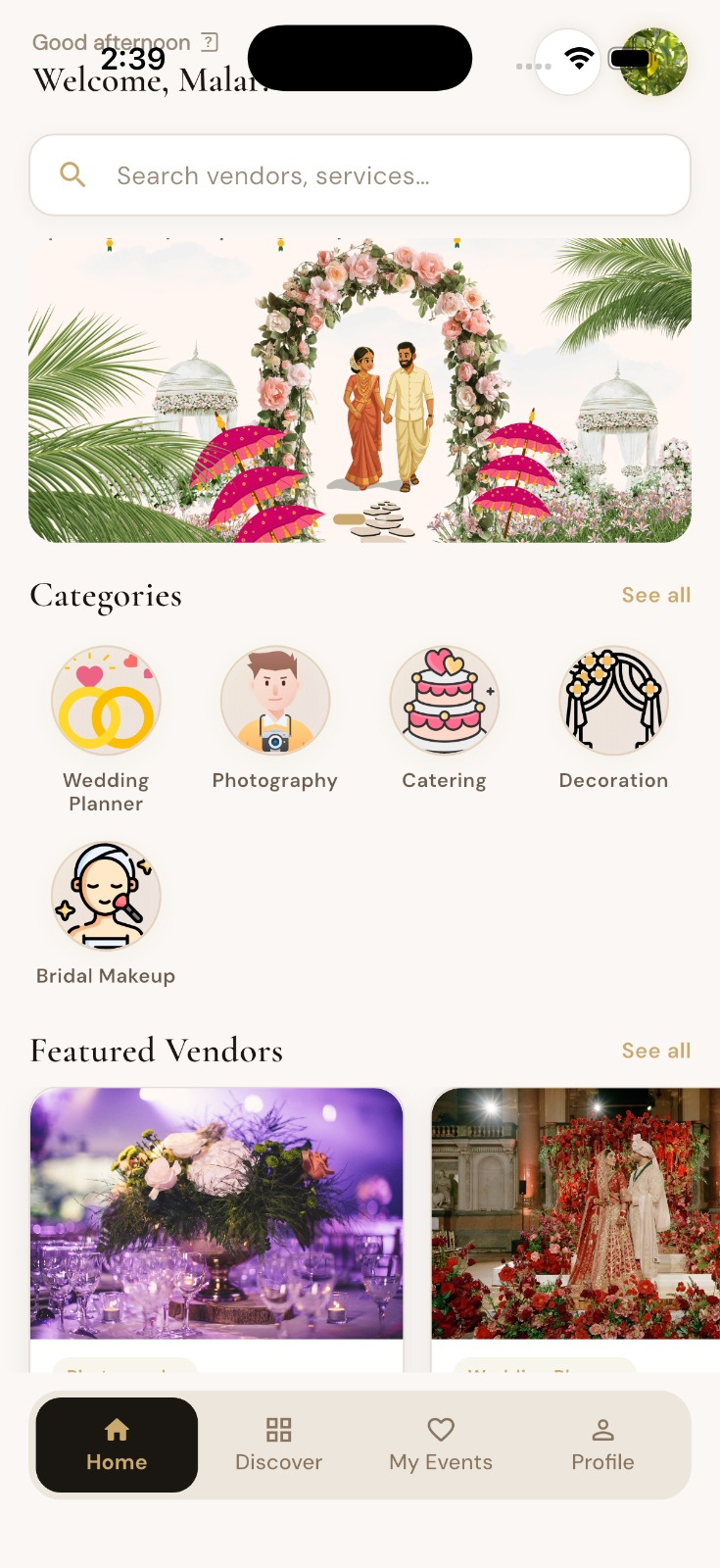 Featured vendors screen