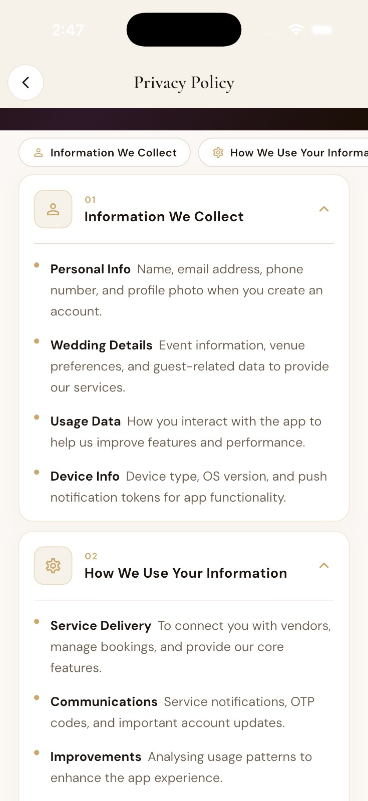 Privacy policy information collection screen