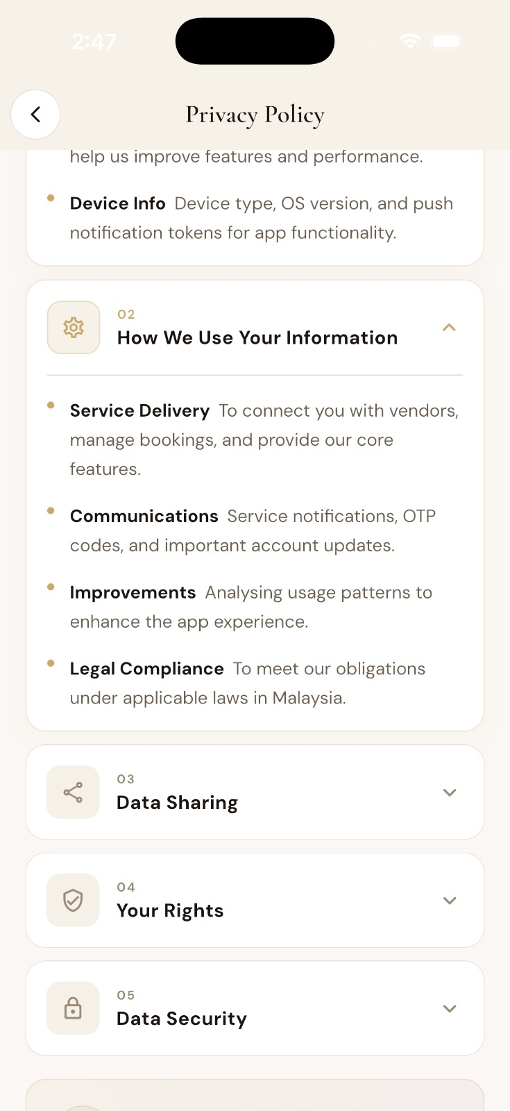 Privacy policy usage screen