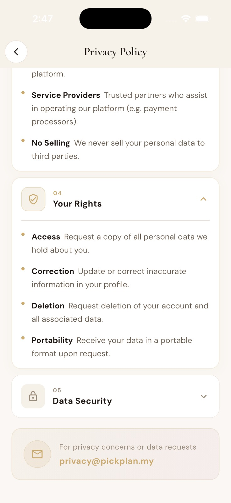 Privacy policy data sharing screen