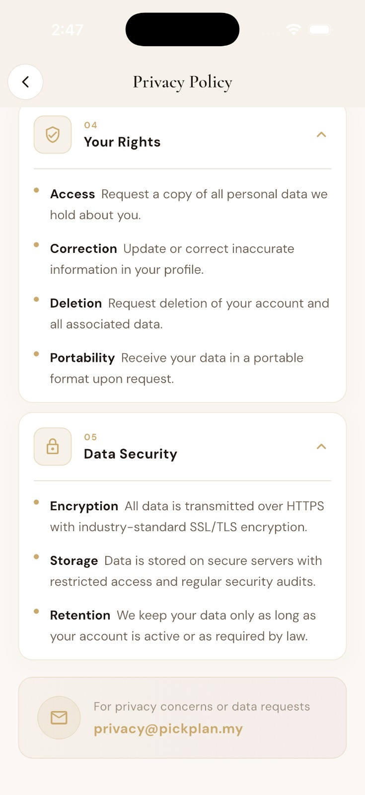 Privacy policy data security screen
