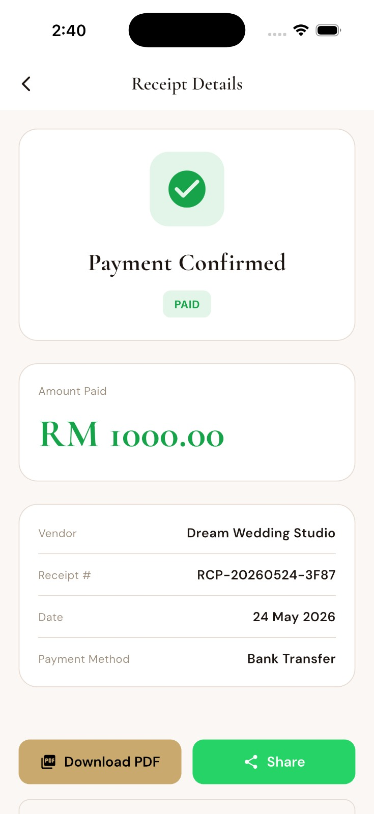 Receipt details screen